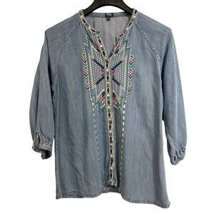Reba Denim‎ Shirt Womens L Embroidered Southwestern Button Down Cowgirl Festival